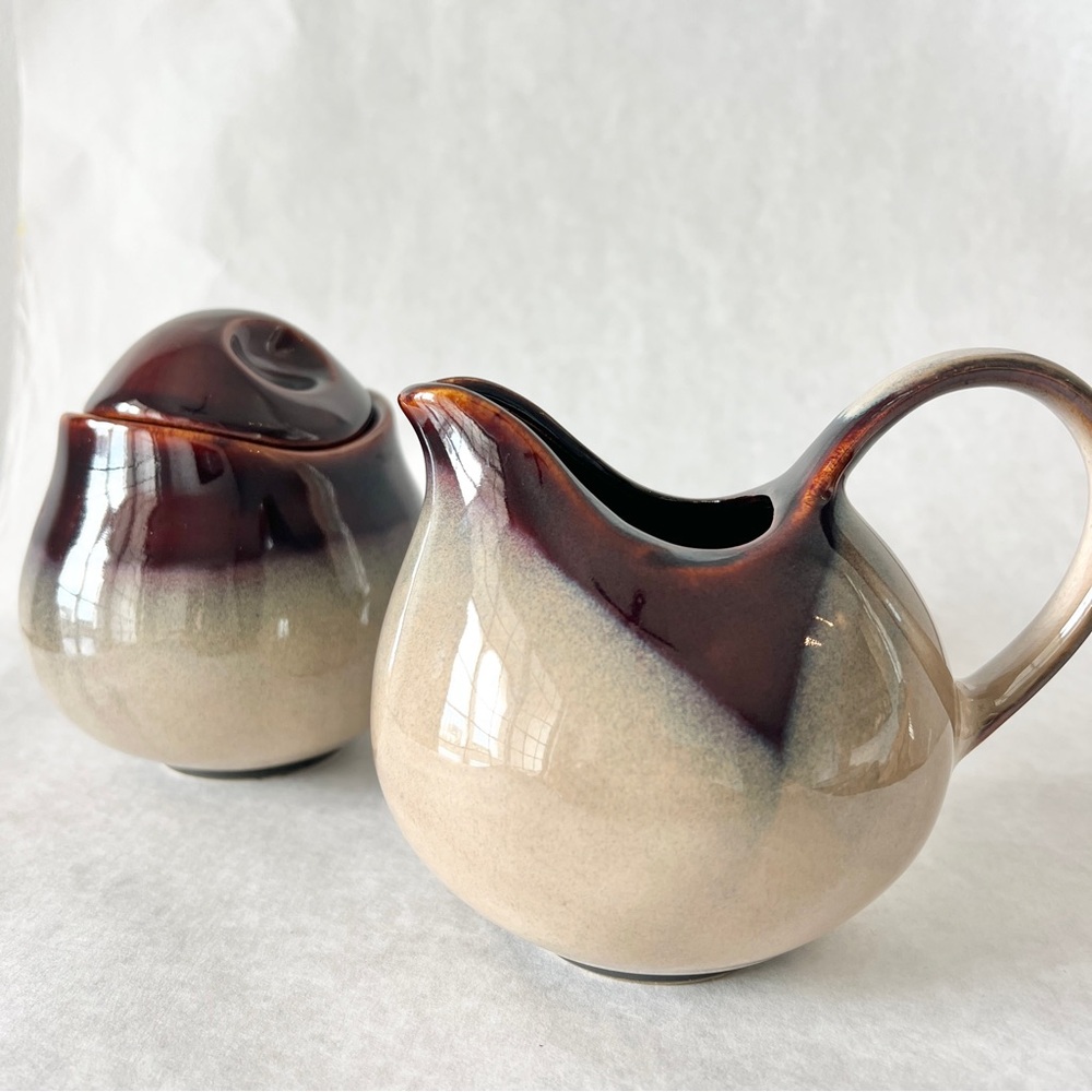 Japanese Sugar Bowl & Creamer Set Sango Nova Brown Stoneware Pottery 4933